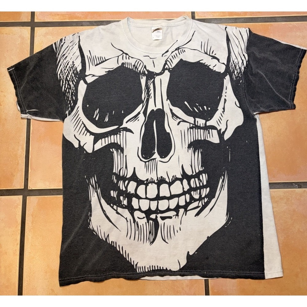 Vintage Large T-Shirt Liquid Blue Grimm Reaper Dali Skull All Over Print Y2K